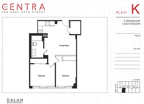 Floor plan for 2 beds, 1 bath, 534 sqft